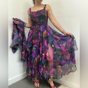 Carol Anderson 70's/80's Floral Tiered Chiffon 2 Piece Maxi Dress & Jacket Set S